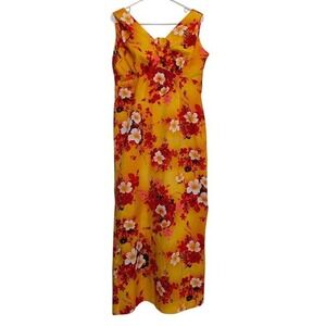 Vintage Hukilau Fashions Hawaiian Empire Sleeveless Maxi Dress Yellow Hibiscus